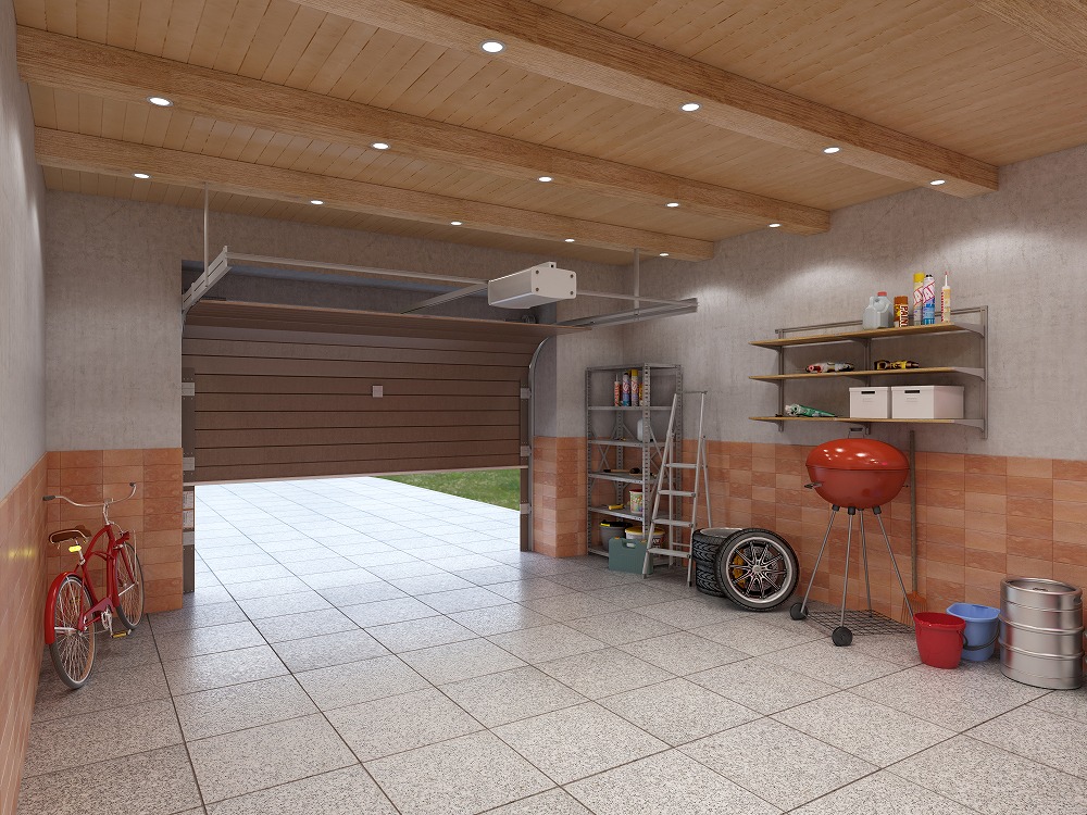:タイルの床とレンガの壁、木材の天井で作られたガレージ内