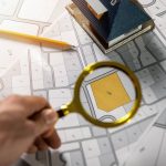 虫眼鏡で土地を確認する人